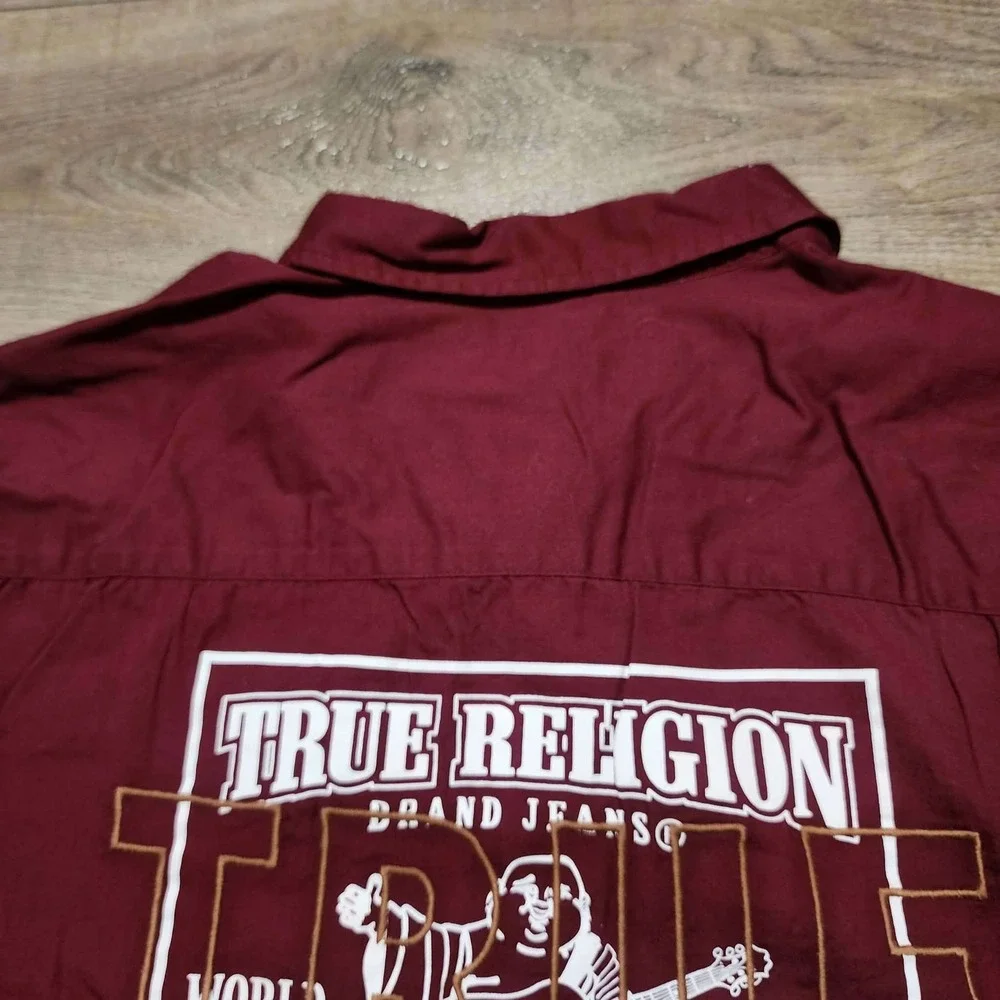 True Religion Mens Burgundy World Tour Buddha Button Down Shirt XL long sleeve